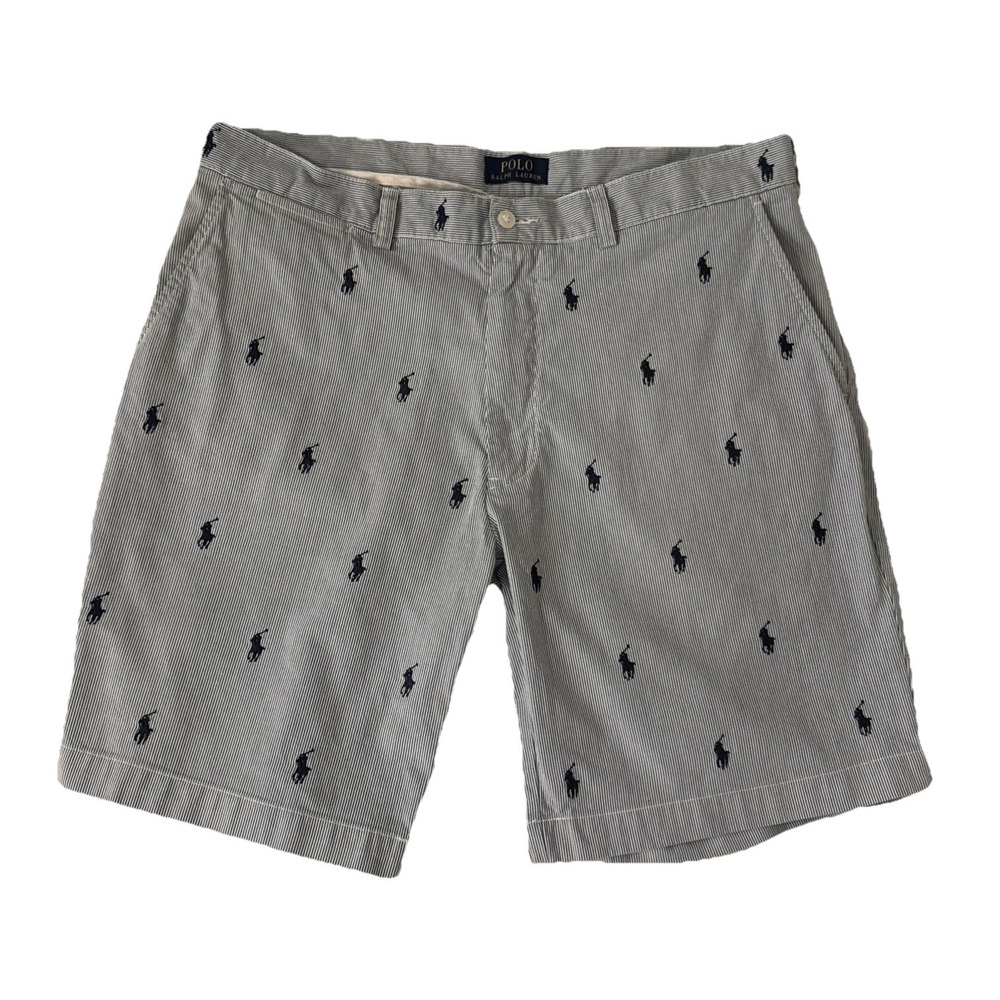 POLO RALPH LAUREN Men's Size 36‎ Shorts Blue White Seersucker All Over Pony AOP